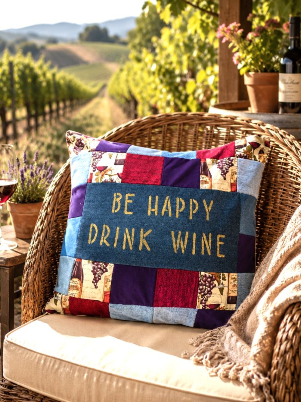 Wine Pillow Cover 18 x 18, Handmade Vino Home Decor Patchwork Recycled Fabric